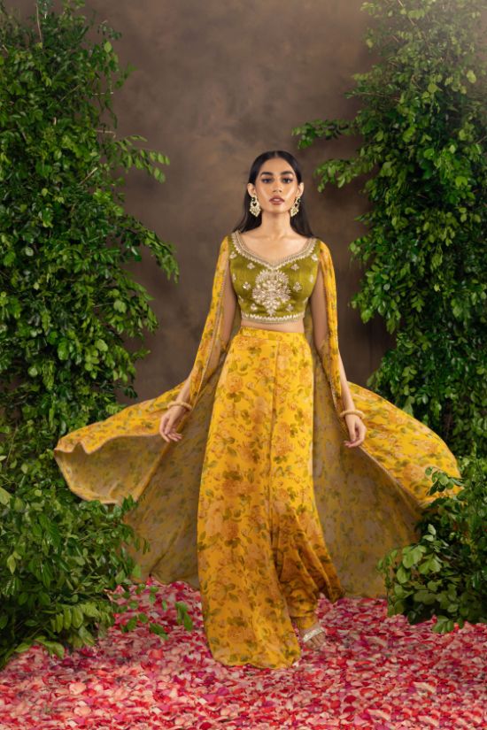 Yellow Floral printed Moomal Plazo with cape